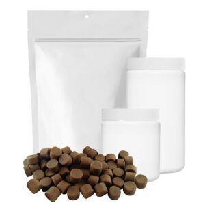 image showing pet supplements for dogs in soft chew form laid out in front of the packaging that they are shipping in