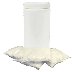 image showing the Bacterial Drain Cleaner in the jar it comes in with the powder packets in front of it