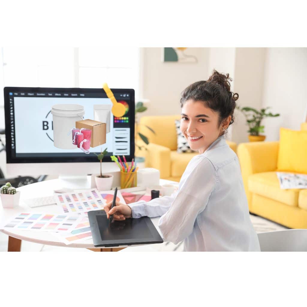 image showing the graphic designer working on making bacteria and enzyme product labels and pouches for our customers so they can launch their own private label