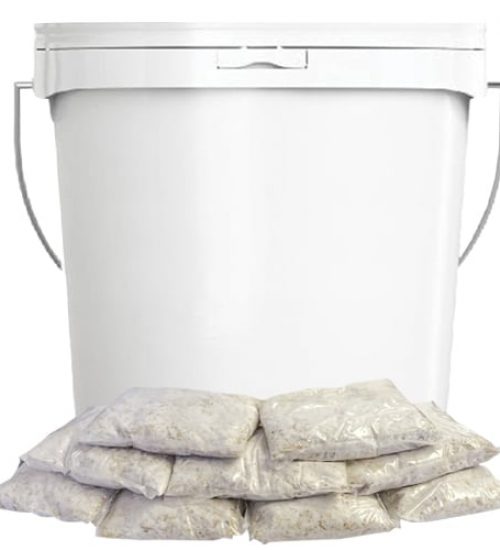 image showing Septic Tank Bacteria in a pail and the packets of it laying in front of it to see what they look like